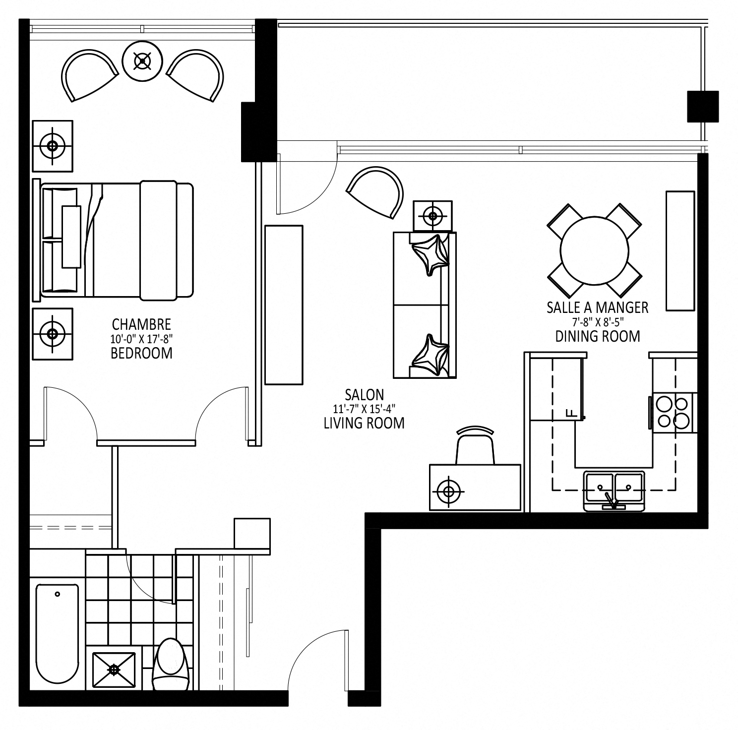 Floor plan for 1 bed, 1 bath, 675 sqft